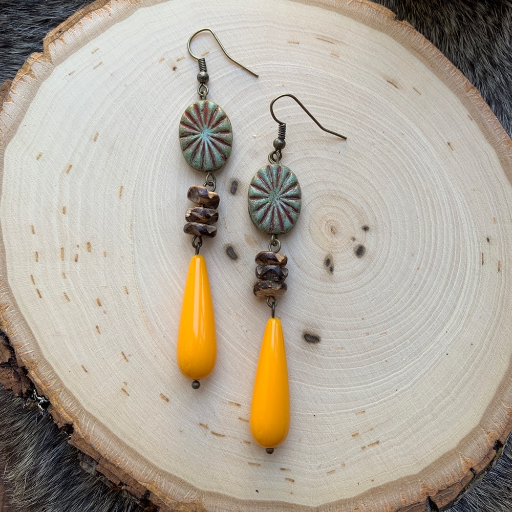 Beaded Mustard Yellow Teardrop Earrings